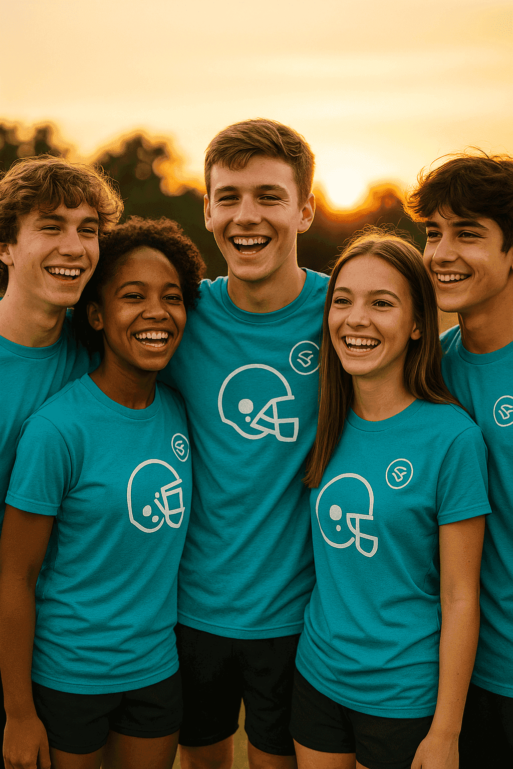 Jugendliches Fußballteam in türkisfarbenen Shirts mit Logo zeigt Teamgeist - T-Shirt für Sportverein