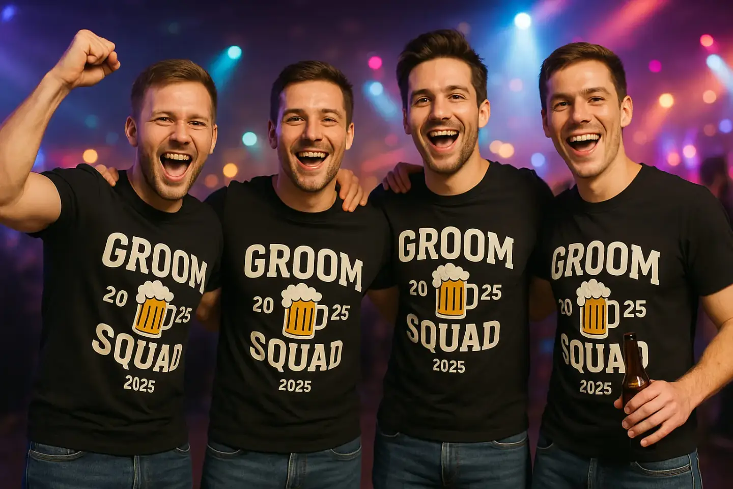 Vier Männer feiern Junggesellenabschied in der Disco mit 'Groom Squad 2025' T-Shirts und Bier – Party-Stimmung pur.