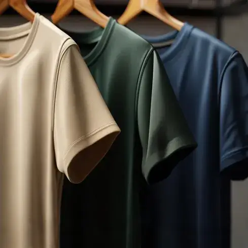 Drei T-Shirts auf Kleiderbügeln in unterschiedlichen Farben. Die Pflege macht den Unterschied für einzigartige Team-Shirts