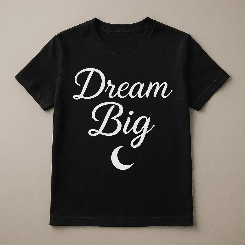 Modernes T-Shirt mit dem Text 'Dream Big' und einem minimalistischen Mond, in weiß auf schwarzem Stoff