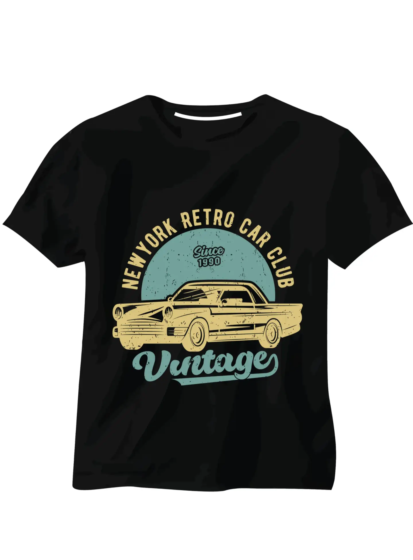 Vintage T-Shirt Design mit Retro-Auto und Hot Rod – New York Car Club Logo auf dunklem Baumwoll Shirt