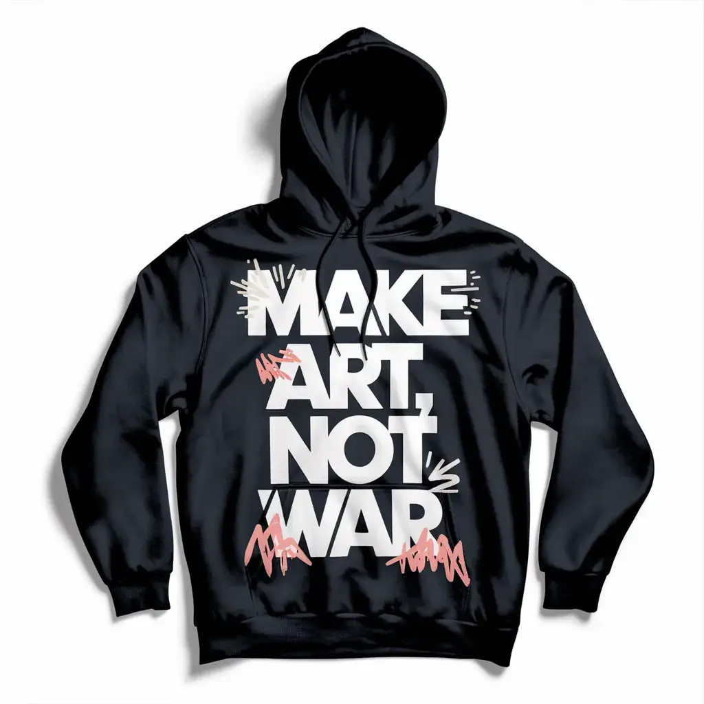 Schwarzer Hoodie mit weißem Statement „MAKE ART, NOT WAR“ in moderner, geometrischer Typografie – angesagtes Design 2025