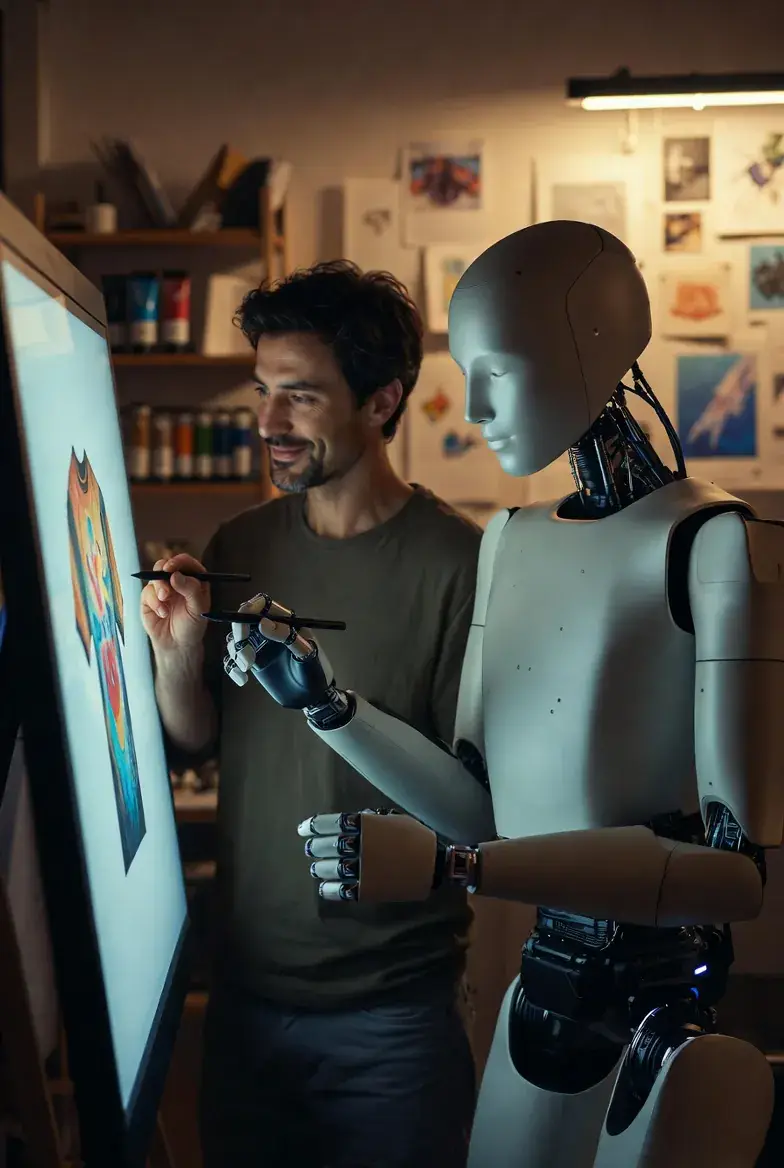 Menschlicher Künstler und humanoider KI-Roboter arbeiten gemeinsam an einem farbenfrohen digitalen Grafik-Design im Atelier – perfekte Ergänzung von menschlicher Kreativität und Künstlicher Intelligenz