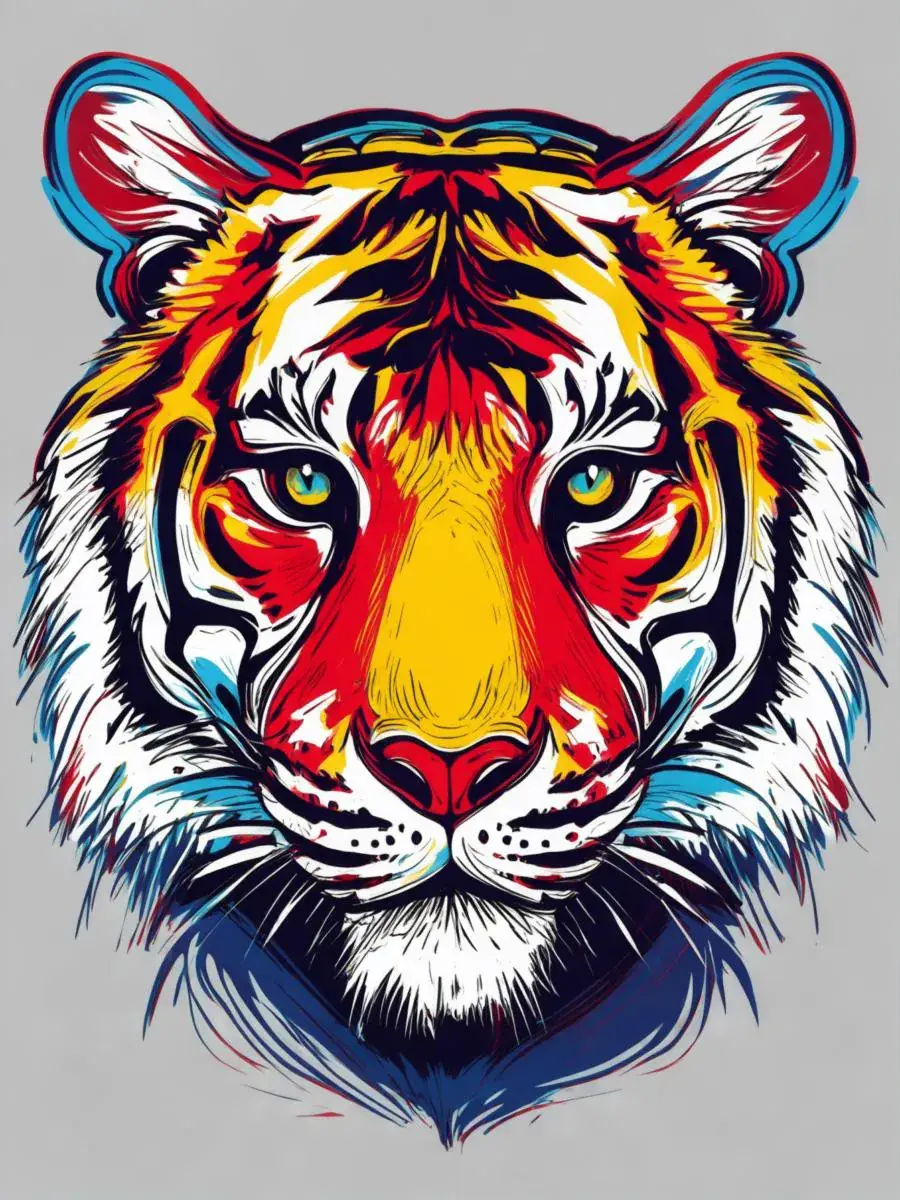 Abstraktes Tiger-Gesicht im Pop-Art-Stil – druckfertige KI-Grafik für T-Shirt Design mit dem WYI-Tool erstellt