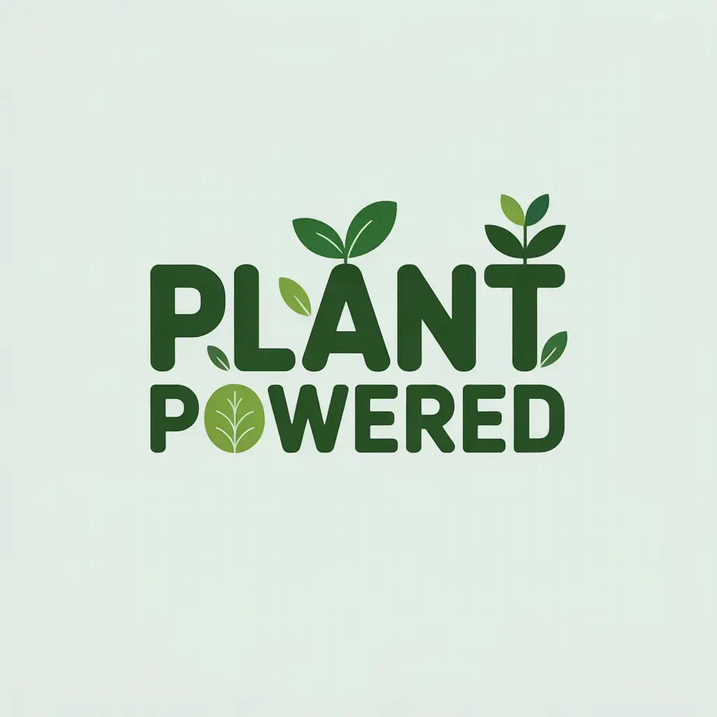 Typografisches Logo „Plant Powered“ mit grünen Blättern – modernes Text-Design für T-Shirts, erstellt mit KI Tool
