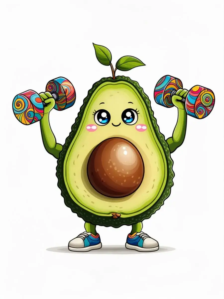 Süße Cartoon-Avocado beim Gewichtheben – weißer Hintergrund, zentriertes KI-Motiv für T-Shirt Mockup