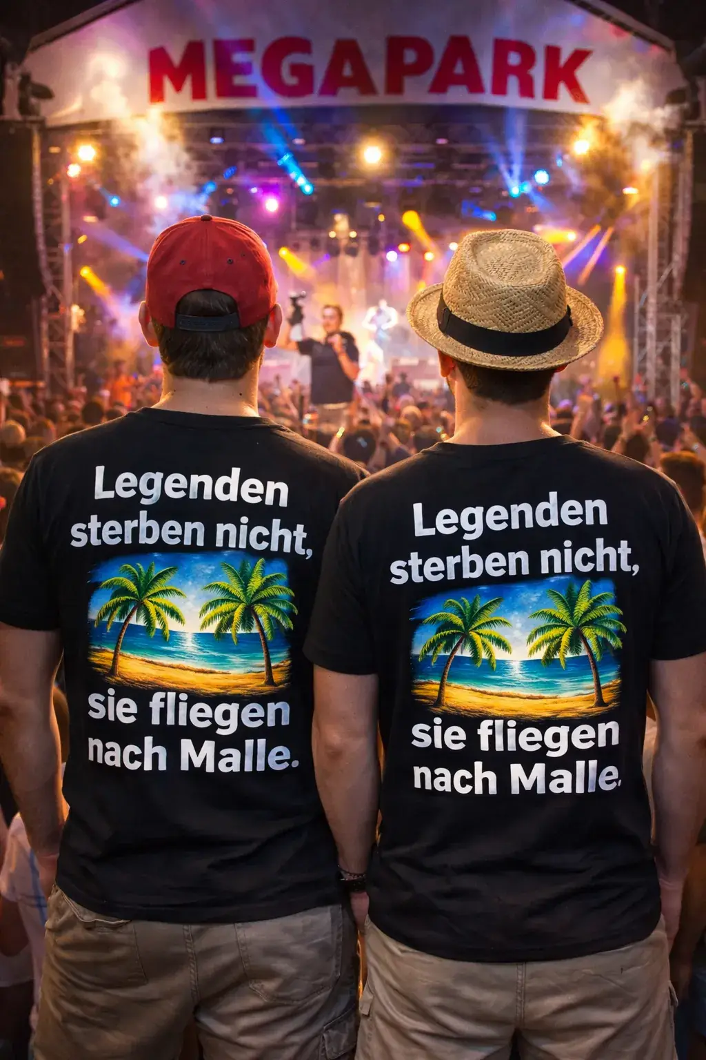Zwei Jungs im Megapark Mallorca mit Legenden Malle T-Shirts Zwei junge Männer stehen mit Rücken zur Kamera im Megapark Mallorca, tragen schwarze T-Shirts mit Palme, Strand und Spruch ‚Legenden sterben nicht, sie fliegen nach Malle‘, Bühne und Scheinwerfer im Hintergrund