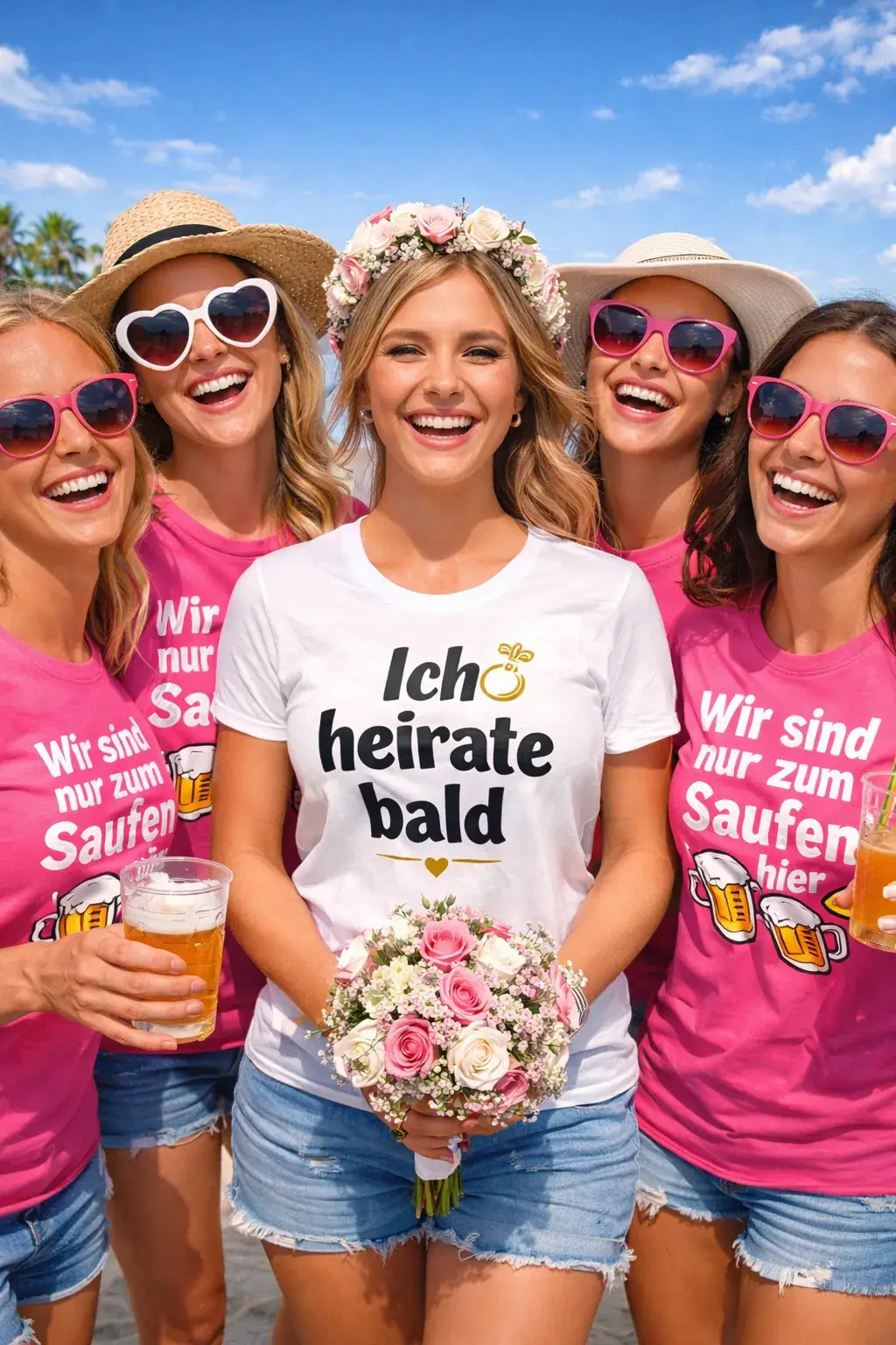 Junggesellenabschied am Strand Mallorca mit Braut und Freundinnen Fünf Frauen feiern Junggesellenabschied am Strand Mallorca, Braut mit weißem ‚Ich heirate bald‘ T-Shirt, Freundinnen in pinken Shirts ‚Wir sind nur zum Saufen hier‘
