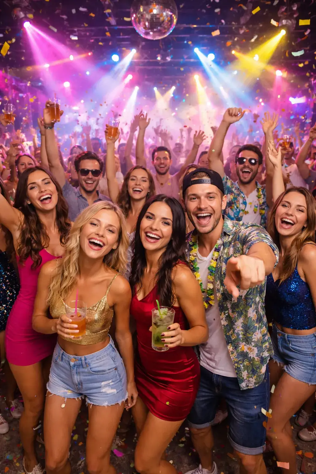 Gruppe tanzt in Diskothek auf Mallorca und macht Party Junge Frauen und Männer tanzen in einer belebten Diskothek, bunte Lichter, Getränke in der Hand, Partyatmosphäre