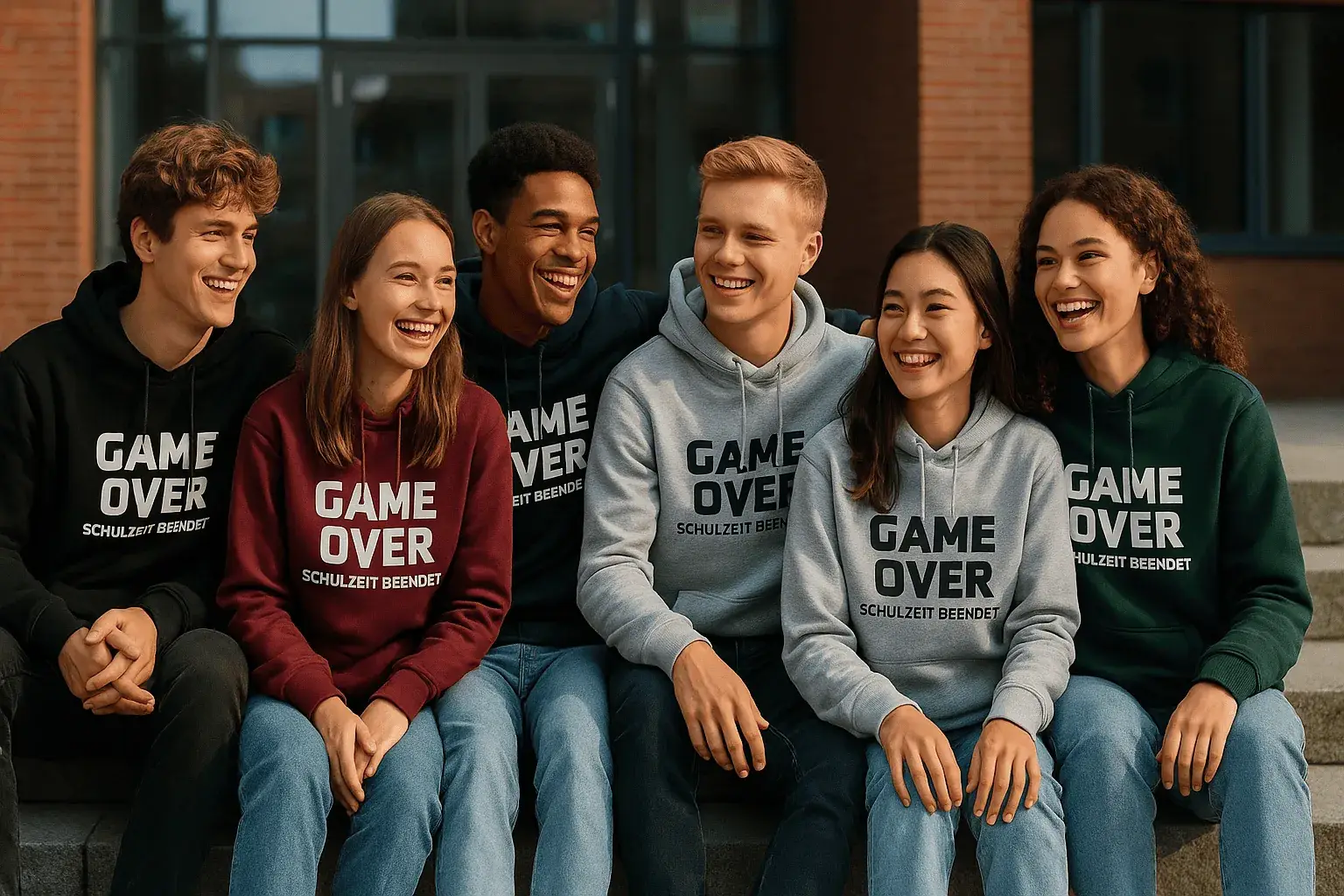 Sechs Abiturienten 2025 in stylischen Abitur Hoodies mit dem Abi Motiv „Game Over – Schulzeit beendet“ vor einem modernen Schulgebäude