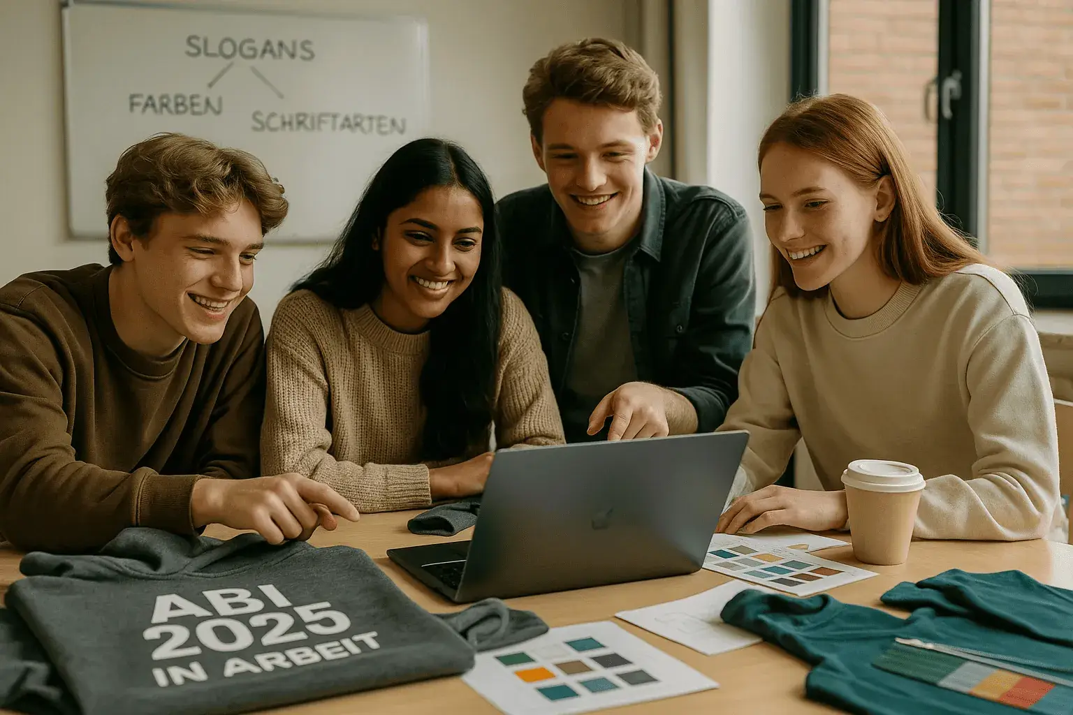 Abiturienten 2025 gestalten Abi-Hoodies mit Laptop, Farbmustern und Slogan „ABI 2025 in Arbeit“ – Designphase im Klassenzimmer