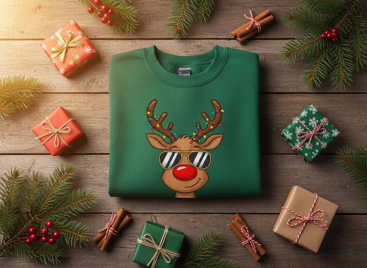 Selbst gestalteter Weihnachtspullover mit Rentier-Motiv Grüner Sweatshirt-Pullover mit gedrucktem Comic-Rentier mit Sonnenbrille, daneben Geschenke und Tannenzweige auf Holztisch