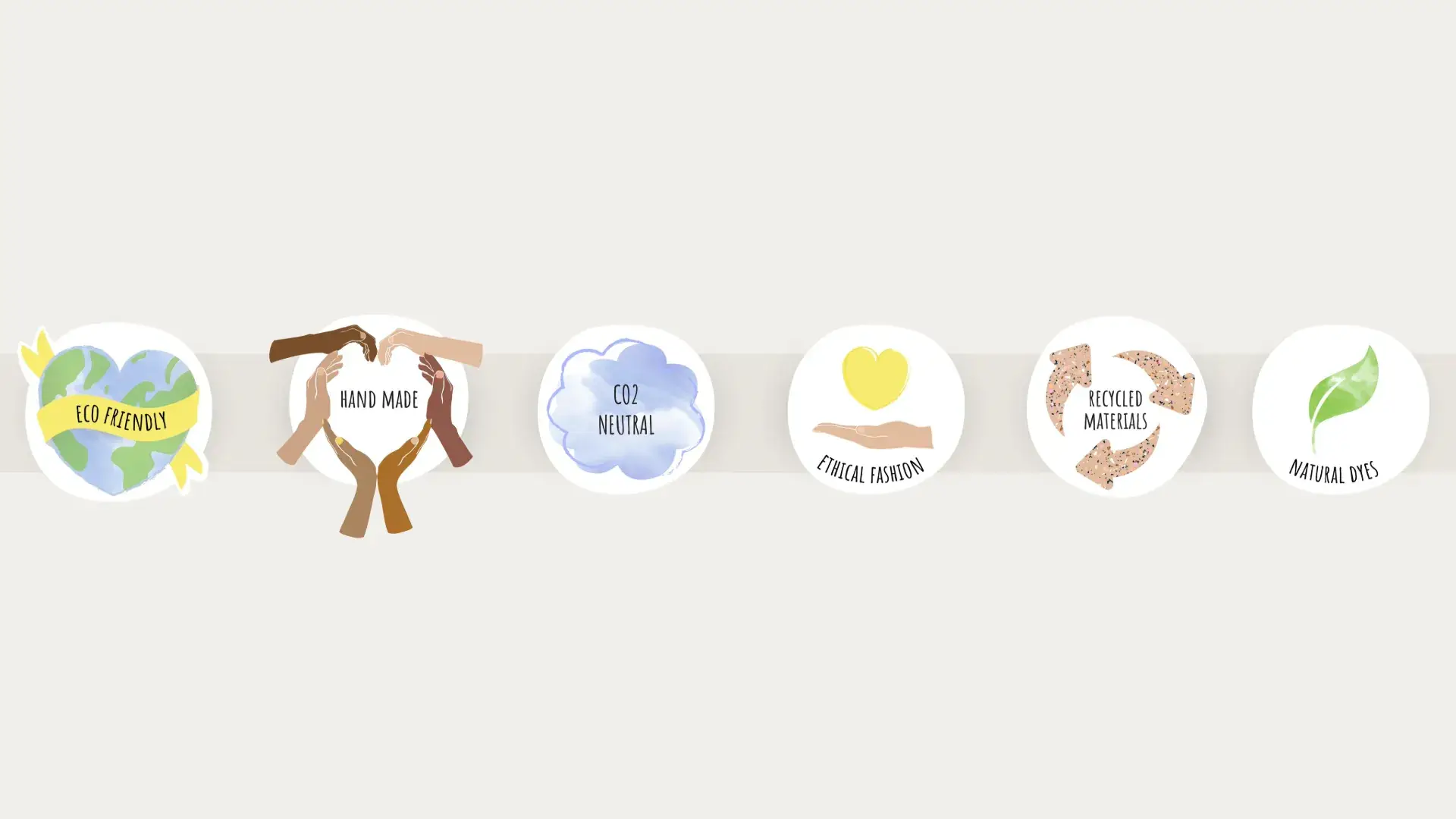 Symbole für nachhaltige Mode: CO₂-neutral, Recycling, Naturfarben, handgefertigt, ethisch produziert und fair bezahlt