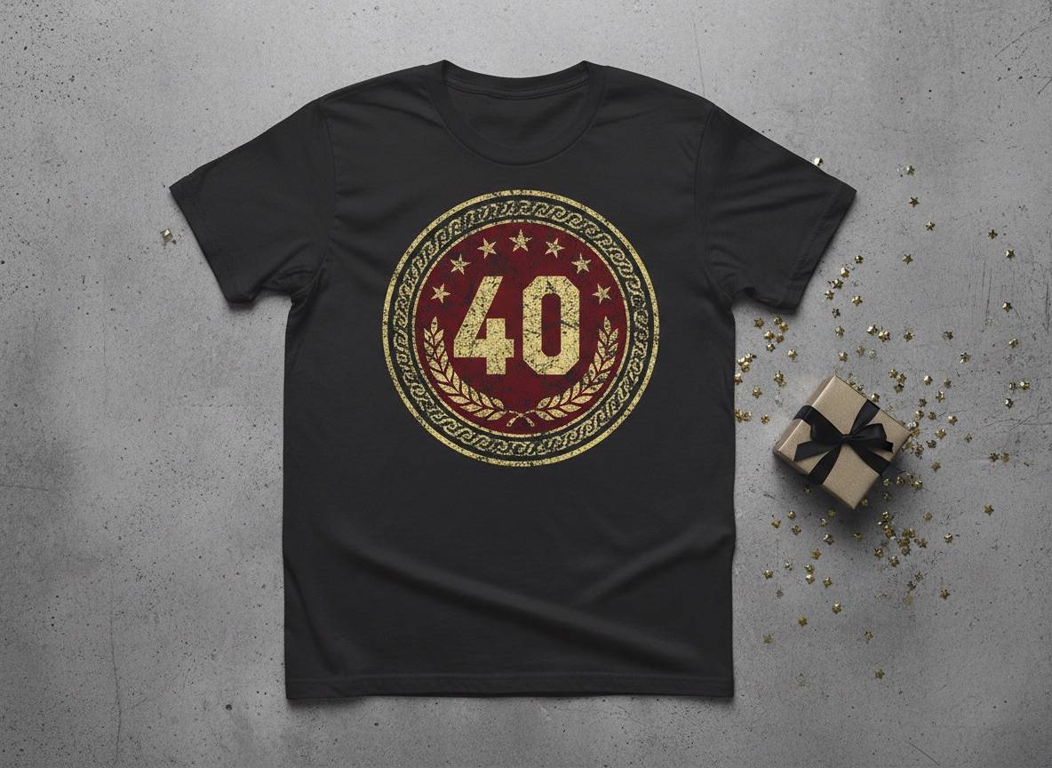 Geburtstagsshirt mit Vintage-Badge und goldener 40 Schwarzes T-Shirt mit goldenem Retro-Emblem und großer 40, daneben Geschenk und Konfetti
