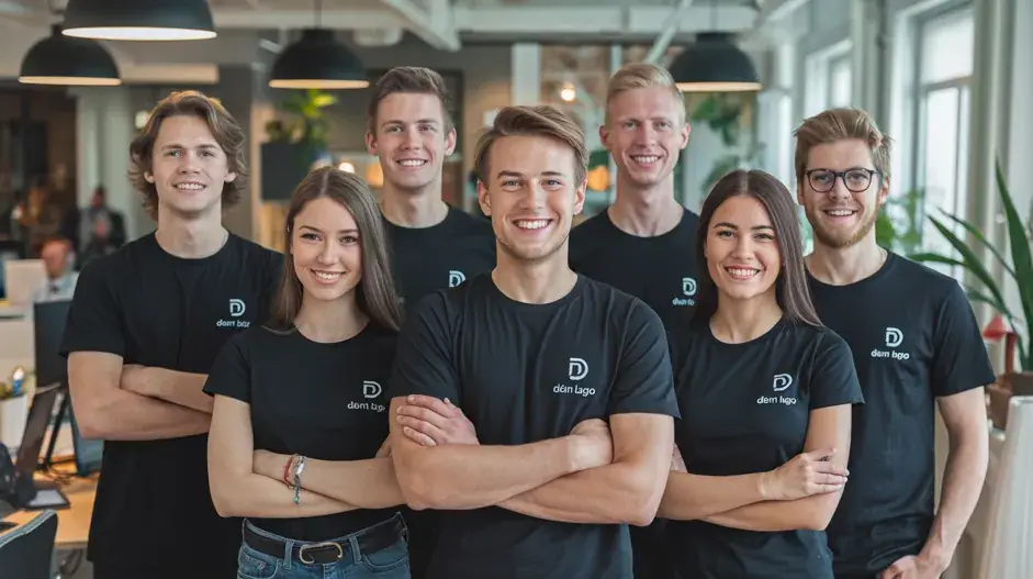 Junge Menschen tragen ein schwarzes Firmen-T-Shirt mit Logo im Büro. Das Bild zeigt ein Team mit einheitlicher Kleidung für ein professionelles Auftreten.