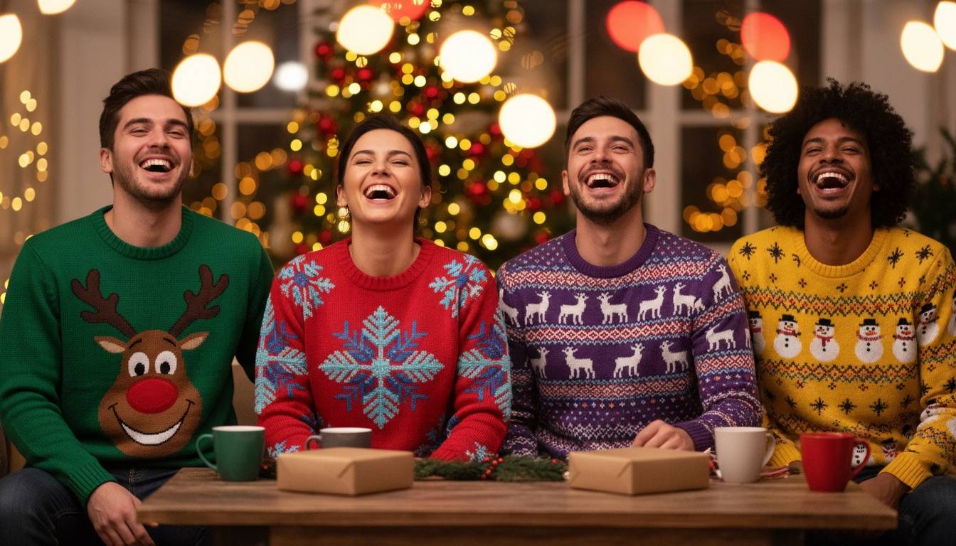 Freunde in selbst gestalteten Ugly Christmas Sweatern auf der Weihnachtsfeier Vier lachende Freunde in bunten Ugly Christmas Sweatern mit Rentier-, Schneeflocken- und Schneemann-Motiven vor einem Weihnachtsbaum