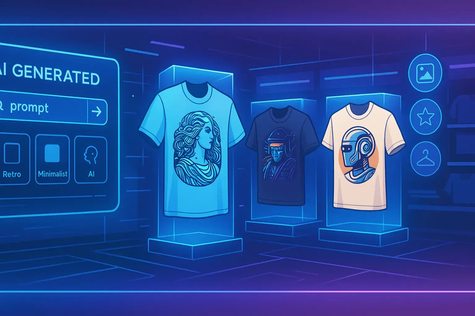 Futuristischer KI-T-Shirt-Store mit holografischen T-Shirt-Designs in Neonfarben, moderne Visualisierung von KI-generierter Modede