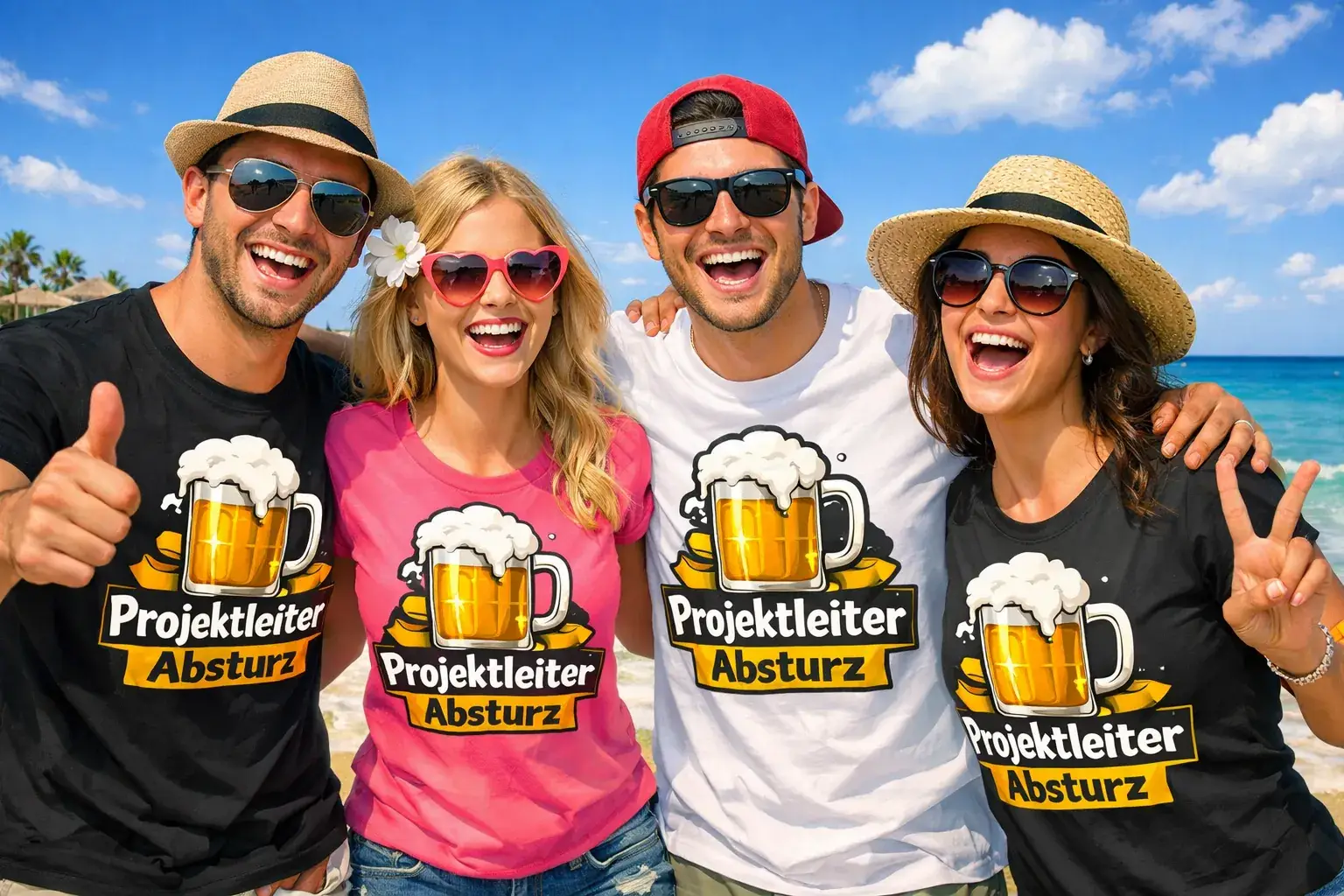Freundesgruppe mit individuellen Mallorca Shirts Gruppe von Freunden im Partyurlaub auf Mallorca mit individuell gestalteten Shirts
