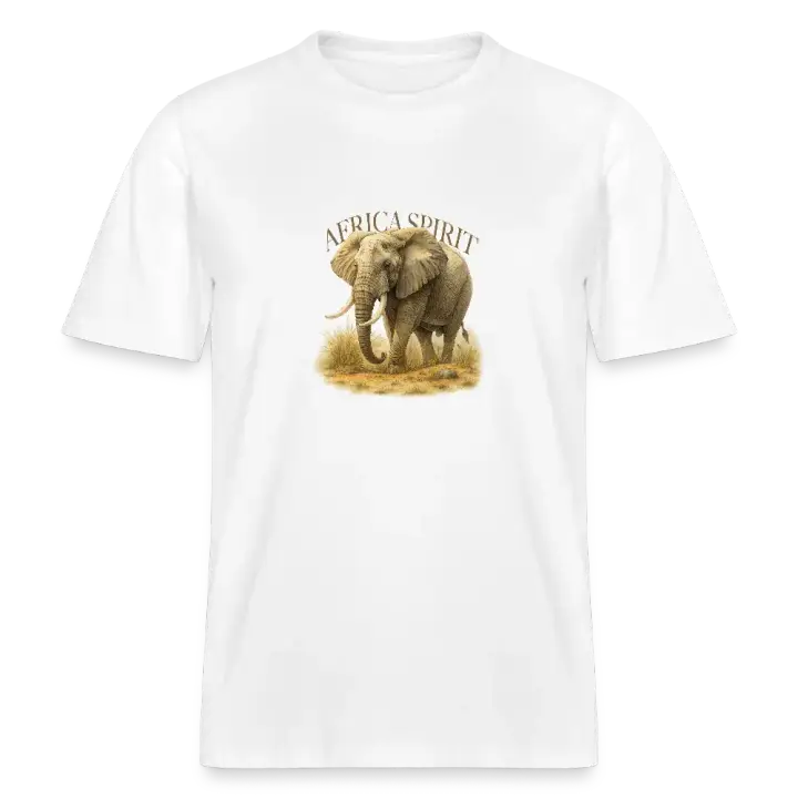 T-Shirt mit realistischer Elefanten Illustration und AFRICA SPIRIT Schriftzug in warmen Savannenfarben